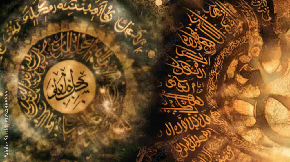 golden arabic calligraphy design with quranic verses on dark islamic art background featuring traditional patterns and textured elements for spiritual and religious decorative appeal