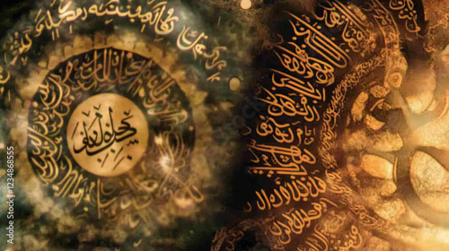 Obraz na płótnie golden arabic calligraphy design with quranic verses on dark islamic art background featuring traditional patterns and textured elements for spiritual and religious decorative appeal w salonie