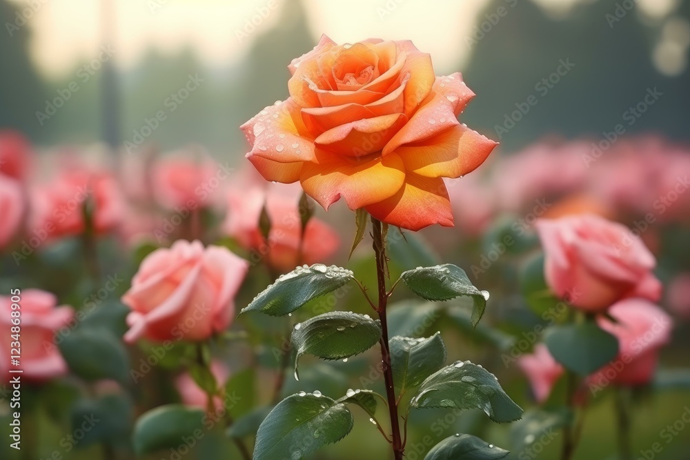 Beautiful orange and yellow rose with water droplets growing in a rose garden at sunrise Beautiful orange and yellow rose with water droplets growing in a rose garden at sunrise