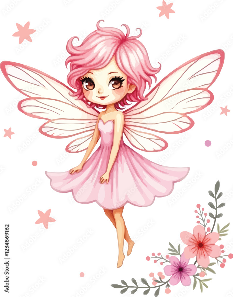 A delightful pink fairy adorned with flowers and hearts A delightful pink fairy adorned with flowers and hearts