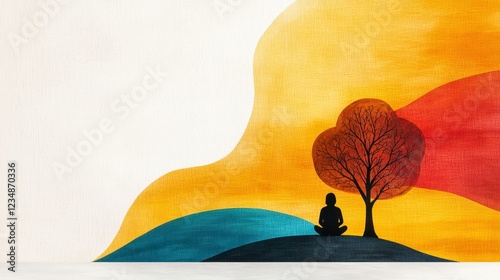 Person Meditating Under Tree at Sunset Warm Hues and Minimalist Design