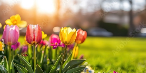 A lively spring garden bursting with blooming tulips, daffodils, and pansies in shades of red, yellow, and purple. Sunlight highlights the vibrant petals as bees and butterflies flit gracefully 