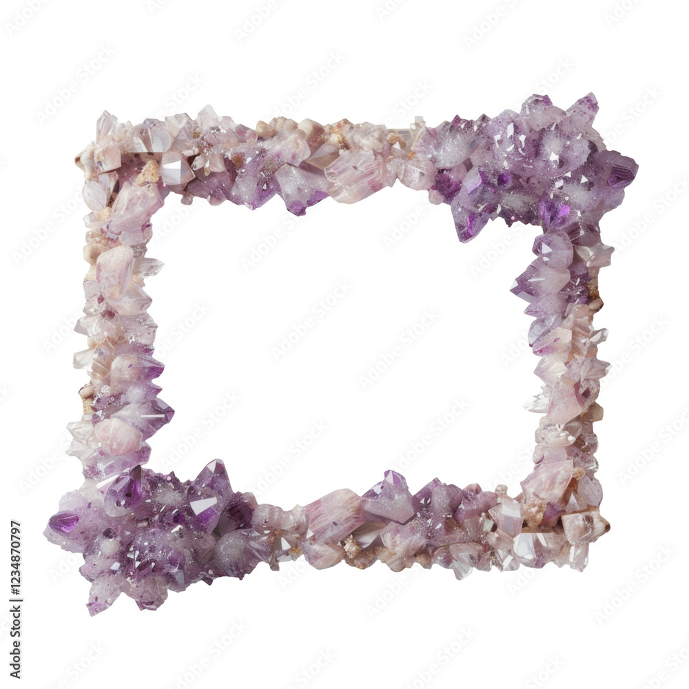Sparkling purple crystal frame with jagged edges and natural stone textures Sparkling purple crystal frame with jagged edges and natural stone textures