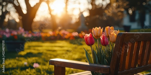A lively spring garden bursting with blooming tulips, daffodils, and pansies in shades of red, yellow, and purple. Sunlight highlights the vibrant petals as bees and butterflies flit gracefully 