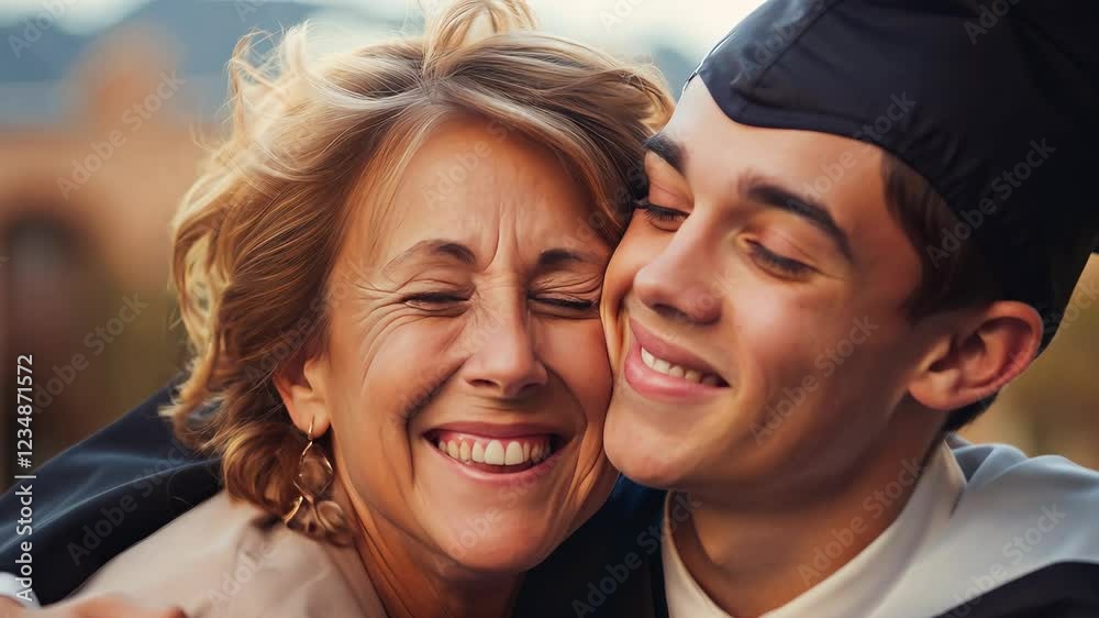 Happy smiling boy with mother, student and diploma on graduation outdoors, blue sky and pride in education celebration. Man and college or university degree for achievement, graduate and award for lea