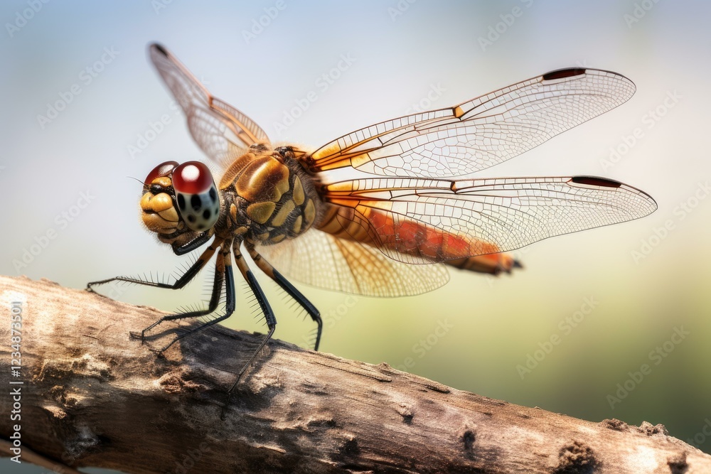 Close up of halloween pennant dragonfly resting on a branch, showcasing its intricate wings and vibrant colors Close up of halloween pennant dragonfly resting on a branch, showcasing its intricate wings and vibrant colors