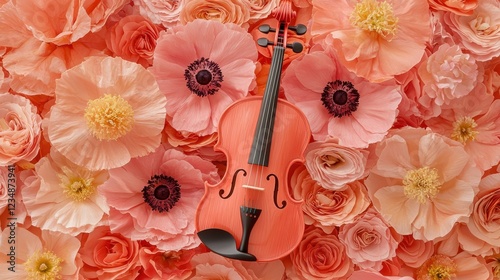 Elegant violin surrounded by colorful flowers nature's beauty still life close-up artistic expression photo