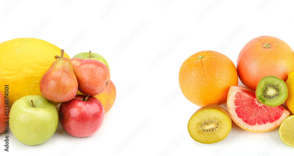 Set of fruits isolated on a white background. Free space for text. Collage. Set of fruits isolated on a white background. Free space for text. Collage.