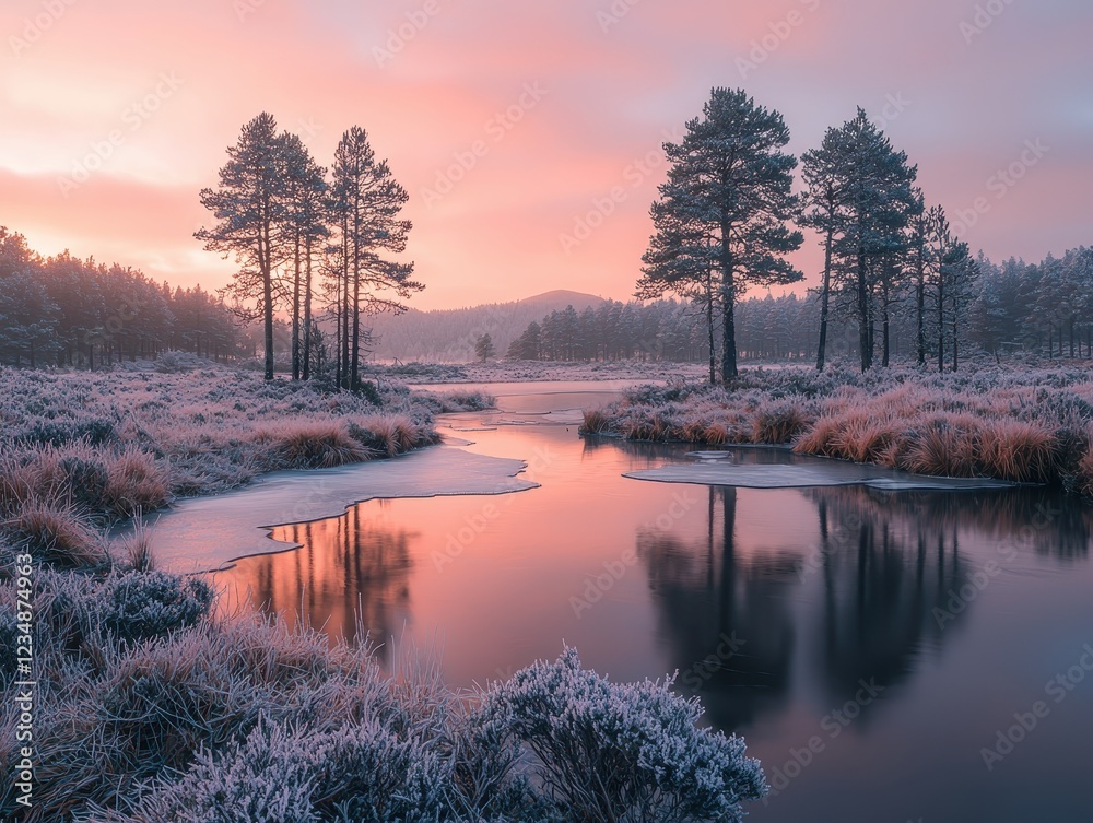 Fototapeta premium A serene winter forest covered in snow, with frost glistening on the branches of tall evergreen trees. A frozen stream winds through the landscape, reflecting the pastel hues of a golden sunrise.