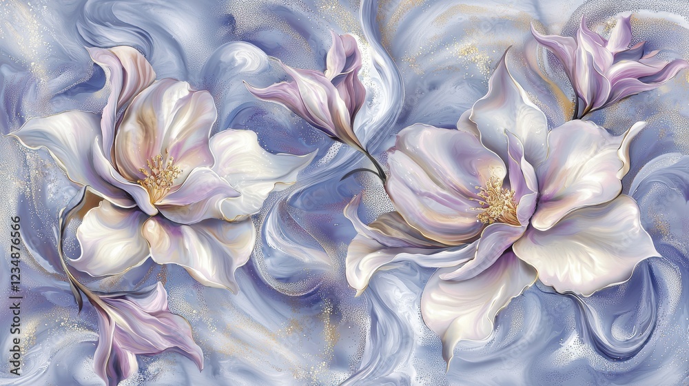 Elegant floral artwork displaying white flowers on blue swirling background nature painting calm environment close-up view Elegant floral artwork displaying white flowers on blue swirling background nature painting calm environment close-up view