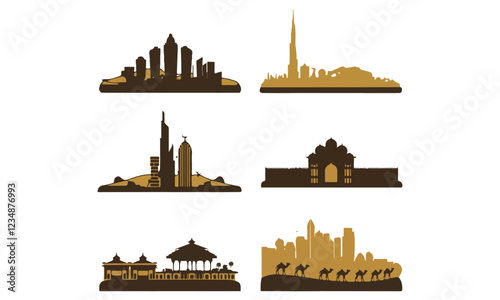 Dubai-inspired city silhouettes on a white background. Each silhouette represents