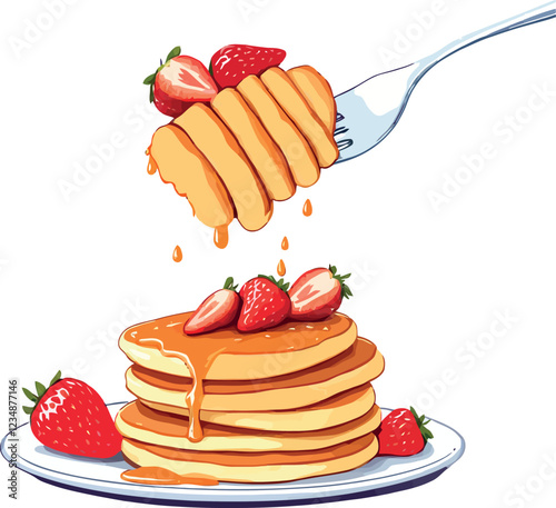 Fork lifting a piece of pancakes with strawberries and syrup dripping onto a stack of pancakes