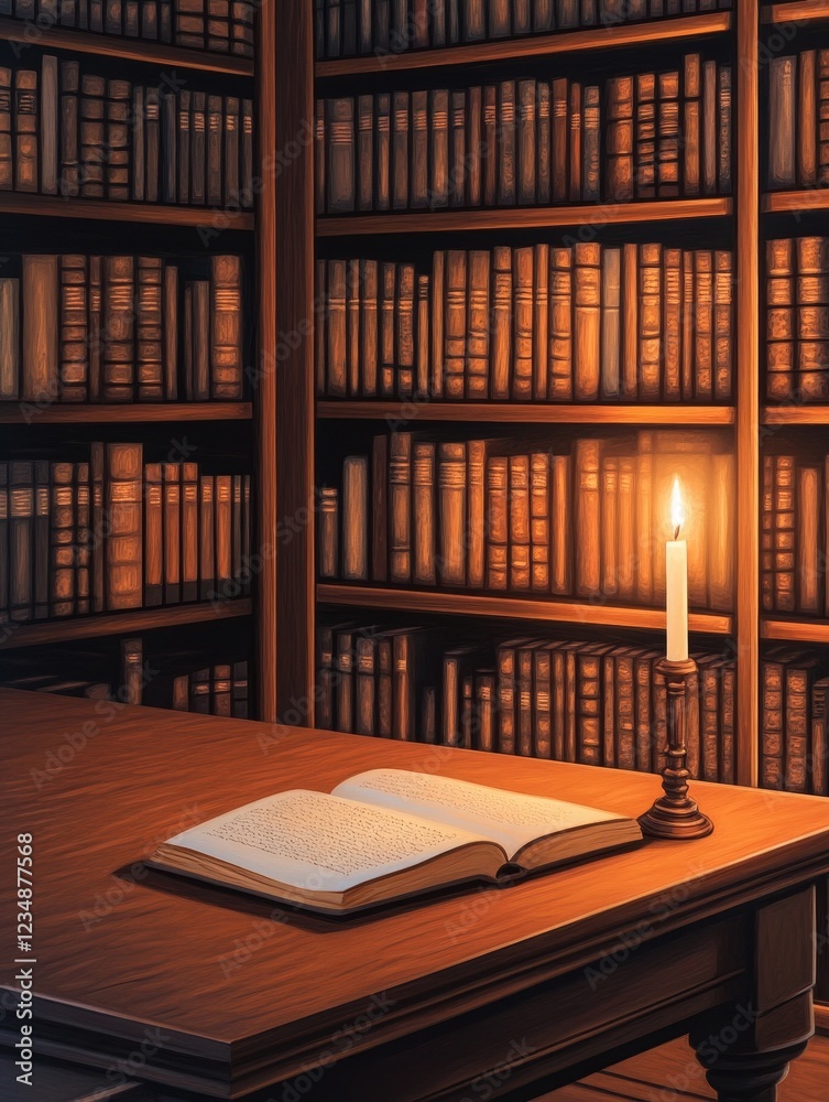 Fototapeta premium A cozy library scene featuring an open book on a wooden table illuminated by a candle, surrounded by shelves filled with book