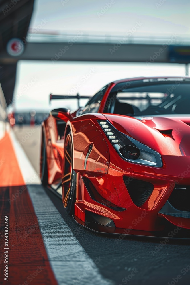 Fototapeta premium Eye-Catching Red Sports Car with Dynamic Design on a Sunset Racetrack