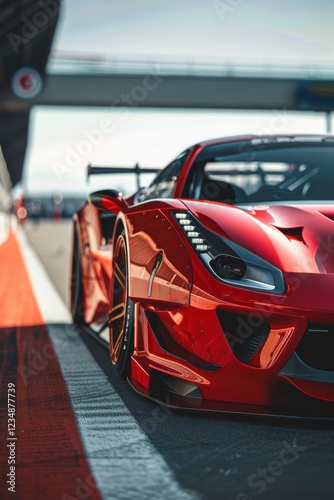 Eye-Catching Red Sports Car with Dynamic Design on a Sunset Racetrack photo