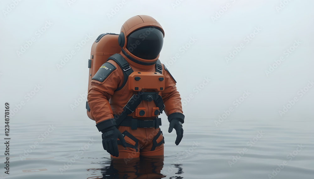 Astronaut in an Orange Advanced Crew Escape Suit with Black Visor Standing in Water in a Foggy Overcast Environment 3d illustration, detailed, with white tones Astronaut in an Orange Advanced Crew Escape Suit with Black Visor Standing in Water in a Foggy Overcast Environment 3d illustration, detailed, with white tones