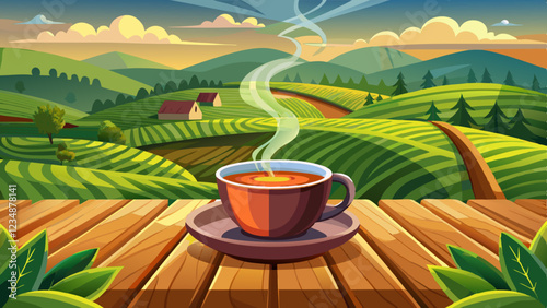 Cup of hot tea and tea leaf on the wooden table and the tea plantations background