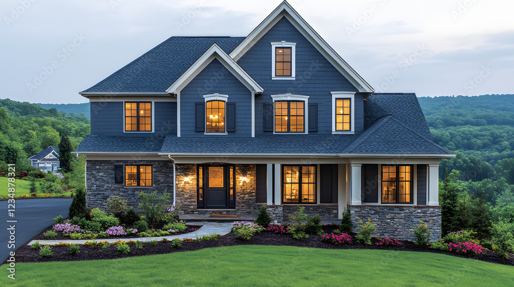 A large blue house with a white trim and a black roof. The house has a large front porch and a driveway. The house is surrounded by a lush green lawn and a garden with flowers A large blue house with a white trim and a black roof. The house has a large front porch and a driveway. The house is surrounded by a lush green lawn and a garden with flowers