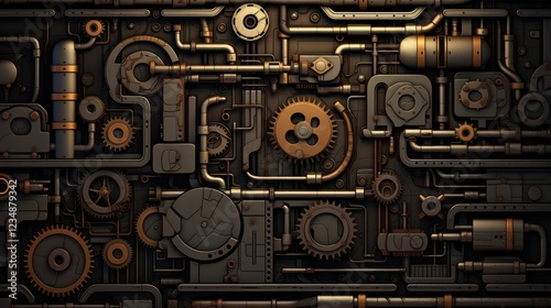 Steampunk Industrial Machinery with Pipes and Gears. Mechanical Engineering Background