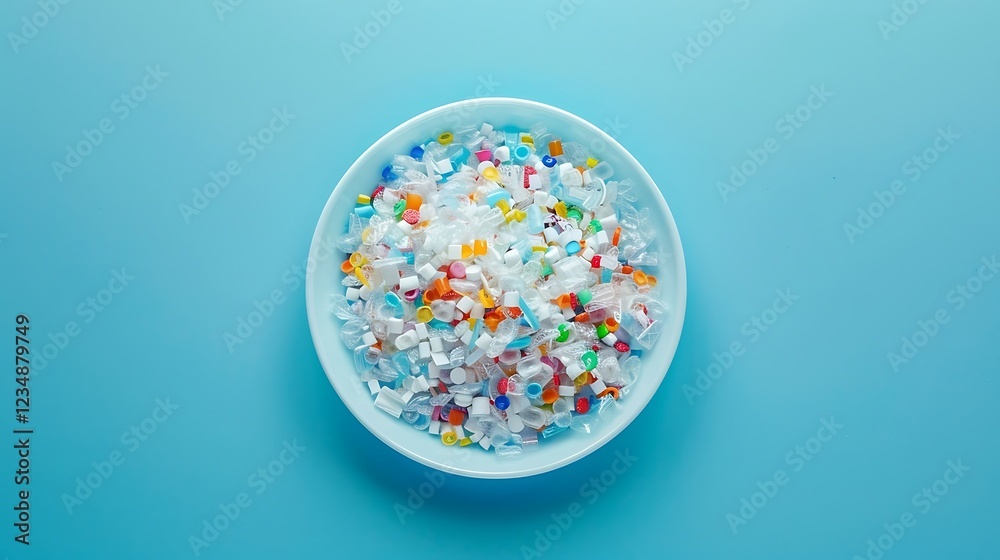 Flour in a bowl on a blue background. Top view. Flour in a bowl on a blue background. Top view.