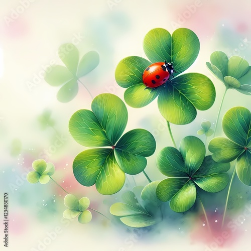 watercolor illustration of clover leaves with ladybug