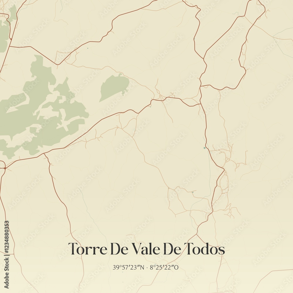 Fototapeta premium Vintage map of Torre De Vale De Todos, Portugal. 