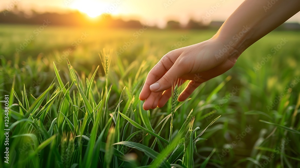 Close-up of woman's hand touching green wheat field at sunset Close-up of woman's hand touching green wheat field at sunset