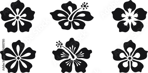 Set of tropical hibiscus flower silhouettes. SVG clipart, cut file, icon, symbol for logo, tattoo, print design. Vector Black outline illustrations isolated on white
