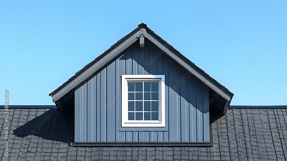 Gable roof dormer window, blue siding, clear sky Gable roof dormer window, blue siding, clear sky