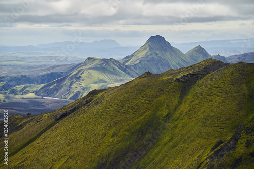 Black and green mountains in summer in the iceland highlands