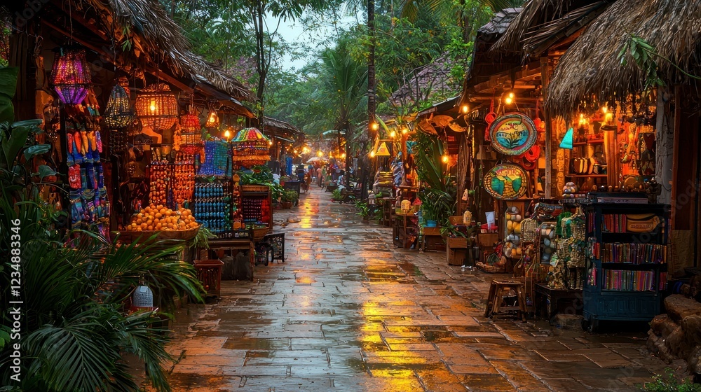 Fototapeta premium Rainy Night Market Street in Tropical Village with Souvenir Shops