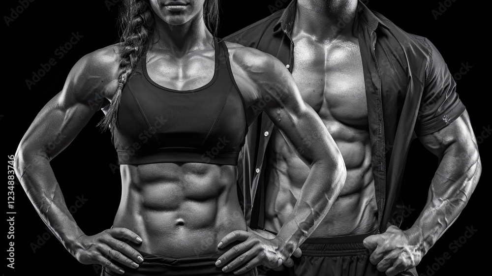 Obraz premium Athletic Muscular Woman and Man Torsos on Black Background, Strong and Defined Physiques, Powerful and Dynamic Representation of Fitness, Gym or Strength Training Theme, Bold and Inspirational Visual