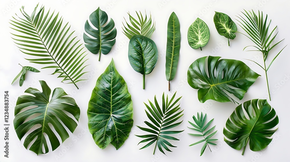 Set of monstera leaves isolated on white background. Flat lay, top view. Set of monstera leaves isolated on white background. Flat lay, top view.