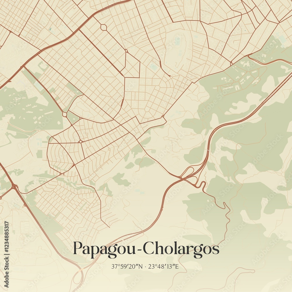 Fototapeta premium Vintage map of Papagou-Cholargos, Greece.