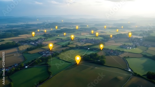 Aerial view of land with network markers representing land development planning and connectivity.