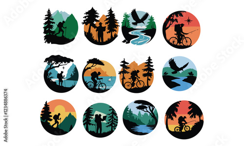 first silhouette is a person picking up litter. The second silhouette is a hiker packing out trash. The third silhouette is a camper cleaning up after a fire