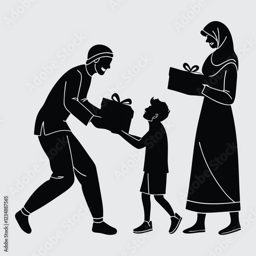  A-joyful-muslim family exchanging gifts with each other silhouette image vector art and illustration