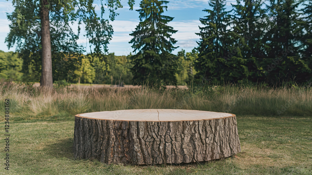Fototapeta premium Tree Trunk Wood Podium on a Nature Background, Rustic Natural Wooden Stand Surrounded by Lush Greenery, Organic Texture with Earthy Vibes, Perfect for Outdoor Presentations or Eco-Friendly Displays