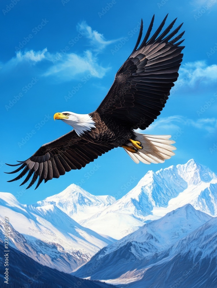 Fototapeta premium Majestic Bald Eagle Soaring Above Snow Capped Mountains - A stunning depiction of a bald eagle flying gracefully above majestic snow capped mountains symbolizing freedom, strength, beauty, wilderness