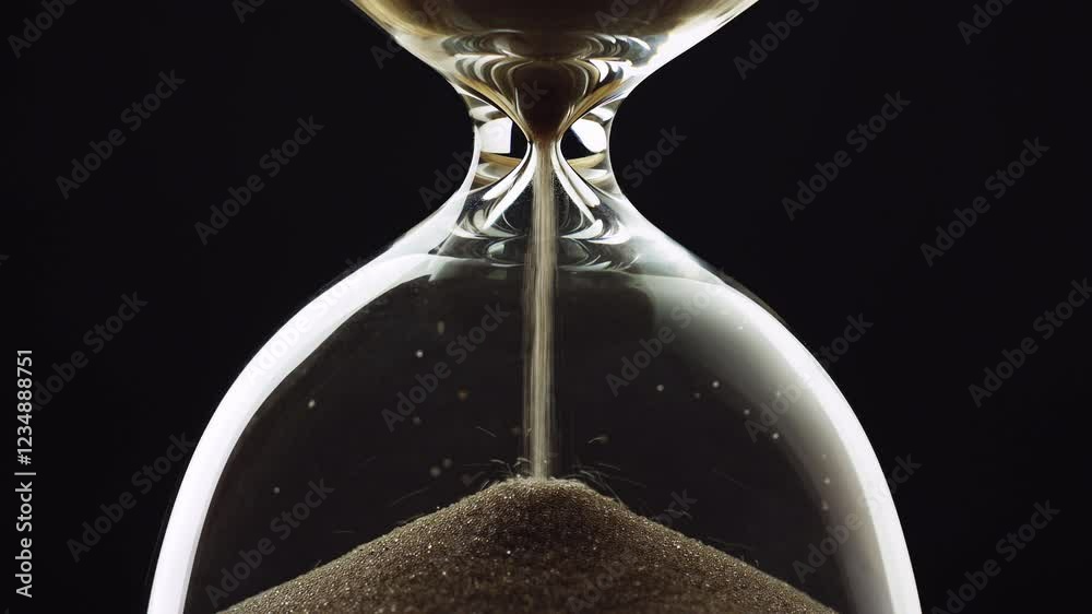 Sand running out in an hourglass, golden sand grains flowing through the glass device, timelapse shot. Time, and urgency concept.