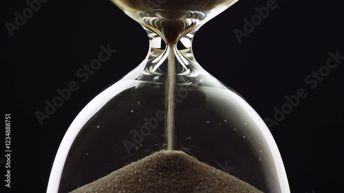 Sand running out in an hourglass, golden sand grains flowing through the glass device, timelapse shot. Time, and urgency concept.
