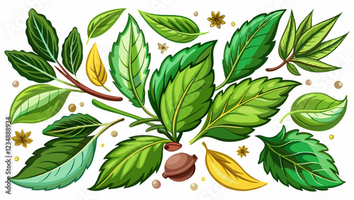 Teapot and cup of tea with green leaves on color background