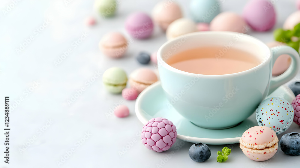 Pastel macarons, teacup, blueberries, spring Pastel macarons, teacup, blueberries, spring