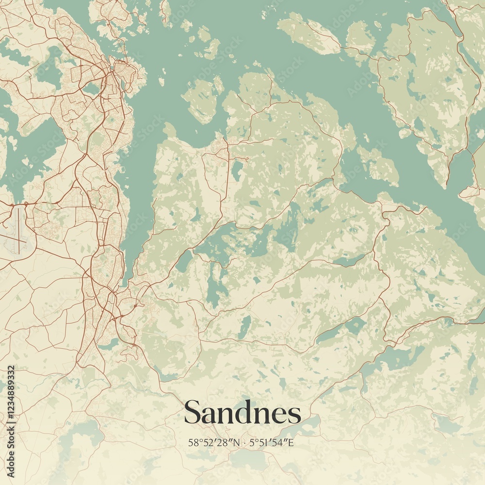 Fototapeta premium Vintage map of Sandnes, Norway.