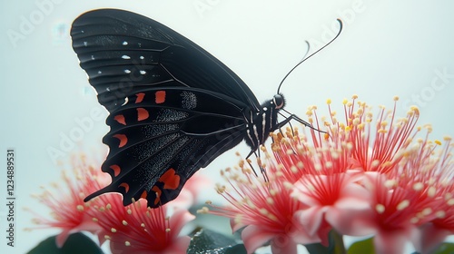 Black Butterfly with Red Spots Feeding on Pink Flowers Close-Up