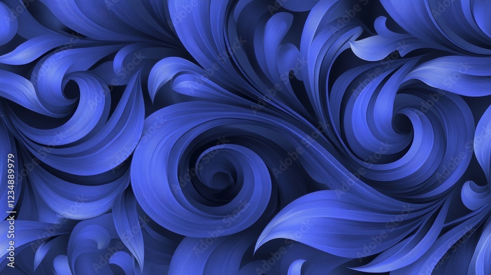 Abstract swirling blue floral pattern with intricate textures and flowing shape creating depth Abstract swirling blue floral pattern with intricate textures and flowing shape creating depth