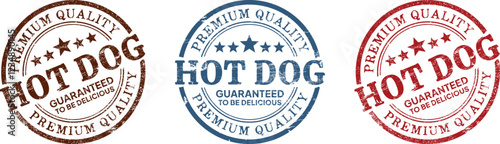 Premium quality round hot dog rubber stamp design in grunge style