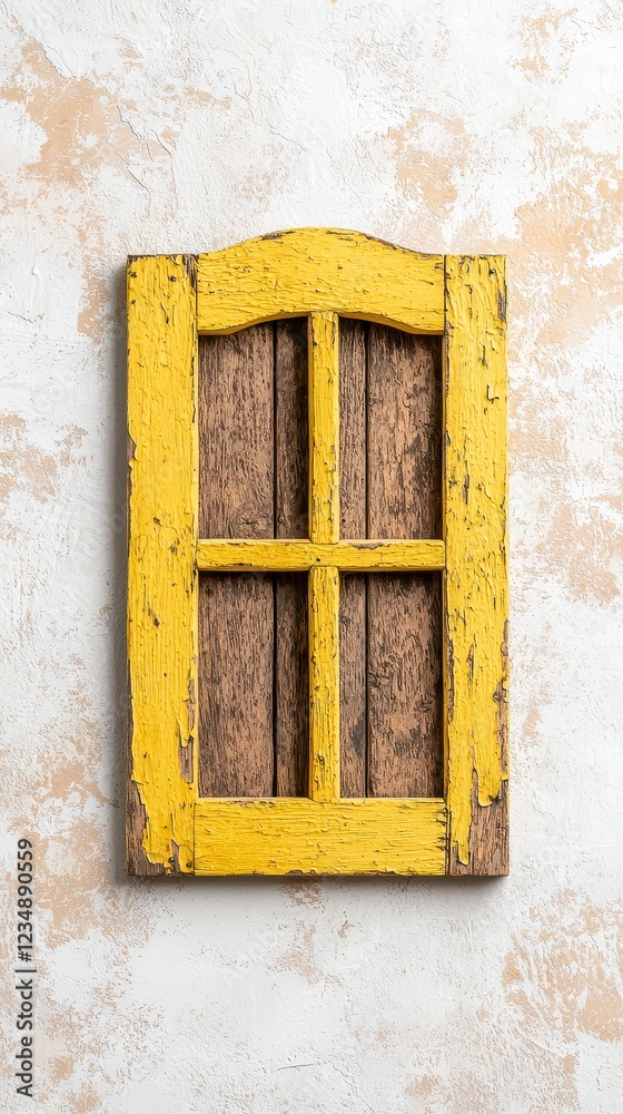 Weathered Yellow Wooden Window Frame On Off White Textured Background Weathered Yellow Wooden Window Frame On Off White Textured Background