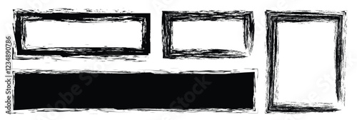 Set of grunge jagged rectangle shapes. Hand drawn crayon grunge brush rectangle text border.