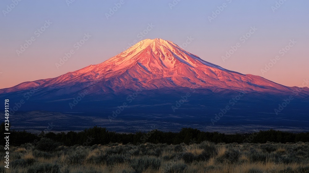 Sunset illuminates snow-capped volcano, high desert landscape, travel poster Sunset illuminates snow-capped volcano, high desert landscape, travel poster